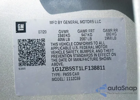 2020 Chevrolet Malibu Fwd Ls из США, поврежденный, VIN 1G1ZB5ST1LF138811